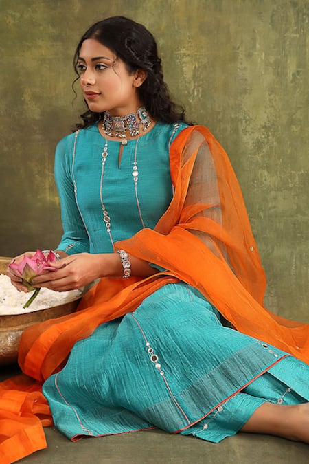 Buy_Trendy Tokari_Turquoise Silk, Chanderi, Organza Embroidery, Hand Anarkali Set With Dupatta _Online_at_Aza_Fashions