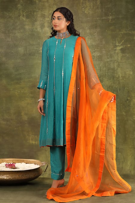 Trendy Tokari_Turquoise Silk, Chanderi, Organza Embroidery, Hand Anarkali Set With Dupatta _at_Aza_Fashions