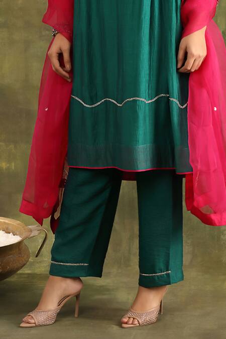 Trendy Tokari Green Silk, Organza Beads, Embroidery V-neck Hand A-line Kurta Set Online at Aza Fashions Trendy Tokari_Green Silk, Organza Beads, Embroidery V-neck Hand A-line Kurta Set _Online_at_Aza_Fashions