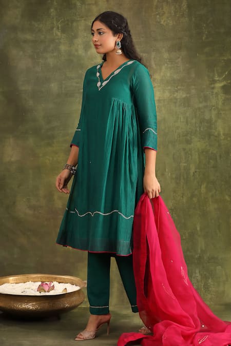 Buy Trendy Tokari Green Silk, Organza Beads, Embroidery V-neck Hand A-line Kurta Set Online at Aza Fashions Buy_Trendy Tokari_Green Silk, Organza Beads, Embroidery V-neck Hand A-line Kurta Set _Online_at_Aza_Fashions