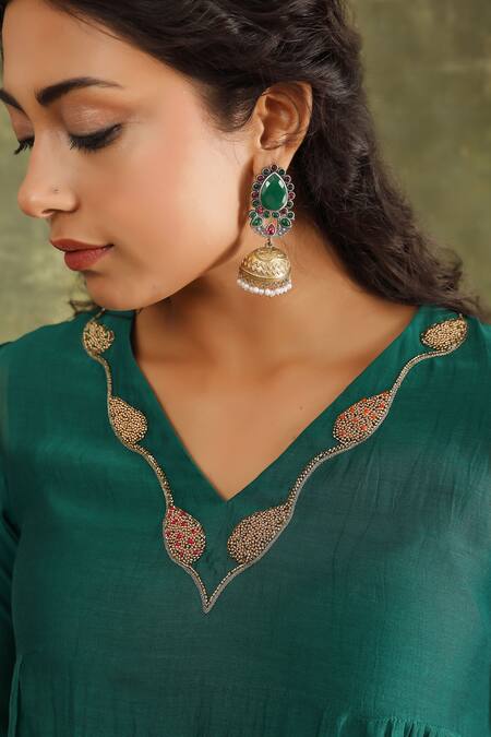 Buy_Trendy Tokari_Green Silk, Organza Beads, Embroidery V-neck Hand A-line Kurta Set 