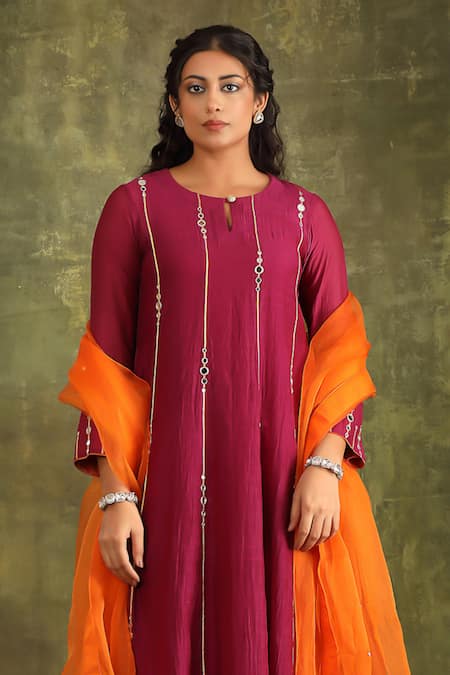 Shop Trendy Tokari Burgundy Silk, Chanderi, Organza Mirrors, Embroidery Keyhole Hand Anarkali Set Online at Aza Fashions Shop_Trendy Tokari_Burgundy Silk, Chanderi, Organza Mirrors, Embroidery Keyhole Hand Anarkali Set _Online_at_Aza_Fashions