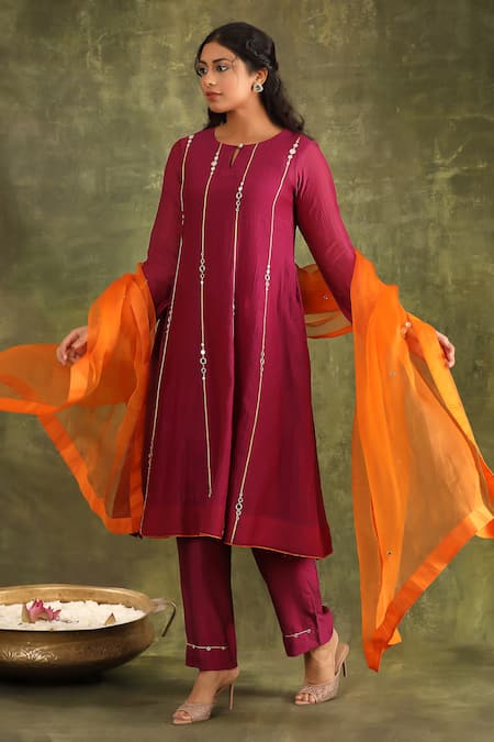 Buy Trendy Tokari Burgundy Silk, Chanderi, Organza Mirrors, Embroidery Keyhole Hand Anarkali Set Buy_Trendy Tokari_Burgundy Silk, Chanderi, Organza Mirrors, Embroidery Keyhole Hand Anarkali Set