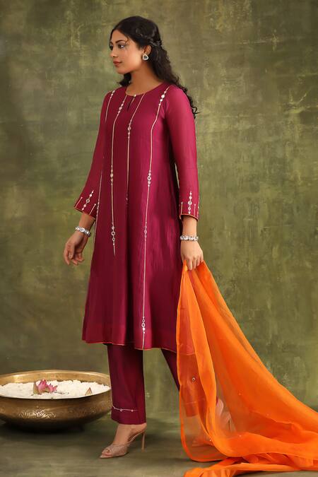 Shop Trendy Tokari Burgundy Silk, Chanderi, Organza Mirrors, Embroidery Keyhole Hand Anarkali Set Shop_Trendy Tokari_Burgundy Silk, Chanderi, Organza Mirrors, Embroidery Keyhole Hand Anarkali Set