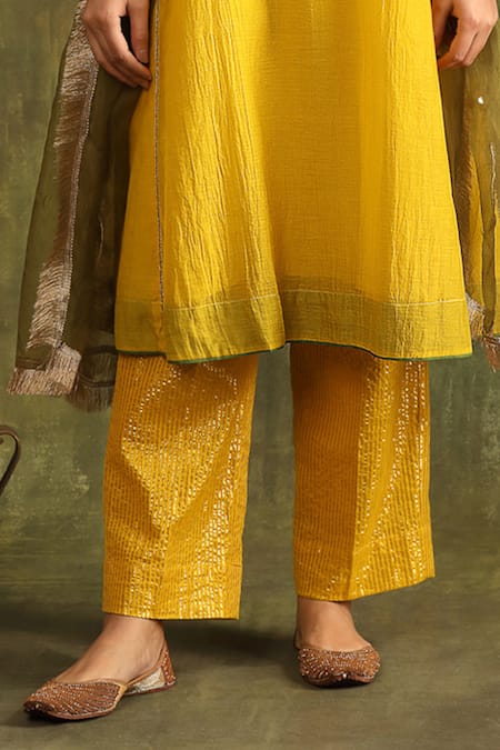 Trendy Tokari Yellow Silk, Chanderi, Jacquard, Organza Mirrors, Embroidery Mustard Kurta Set Online at Aza Fashions Trendy Tokari_Yellow Silk, Chanderi, Jacquard, Organza Mirrors, Embroidery Mustard Kurta Set _Online_at_Aza_Fashions