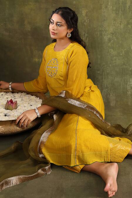 Shop Trendy Tokari Yellow Silk, Chanderi, Jacquard, Organza Mirrors, Embroidery Mustard Kurta Set Online at Aza Fashions Shop_Trendy Tokari_Yellow Silk, Chanderi, Jacquard, Organza Mirrors, Embroidery Mustard Kurta Set _Online_at_Aza_Fashions