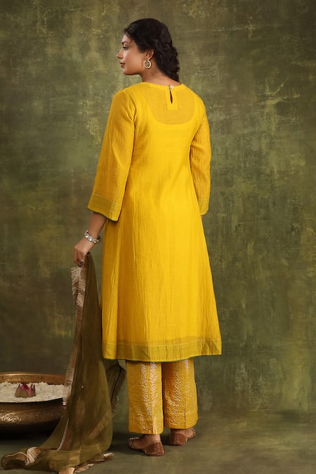 Shop Trendy Tokari Yellow Silk, Chanderi, Jacquard, Organza Mirrors, Embroidery Mustard Kurta Set at Aza Fashions Shop_Trendy Tokari_Yellow Silk, Chanderi, Jacquard, Organza Mirrors, Embroidery Mustard Kurta Set _at_Aza_Fashions