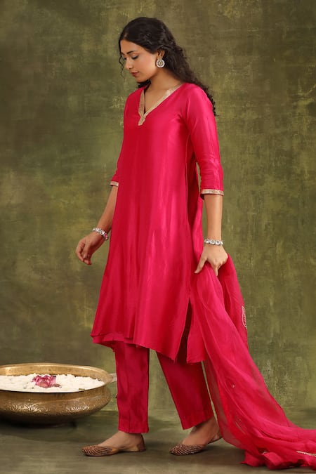 Shop_Trendy Tokari_Magenta Silk, Chanderi, Organza Embroidery, Zari, Gota Patti Hand Kurta Set _Online_at_Aza_Fashions