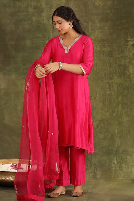 Buy_Trendy Tokari_Magenta Silk, Chanderi, Organza Embroidery, Zari, Gota Patti Hand Kurta Set 