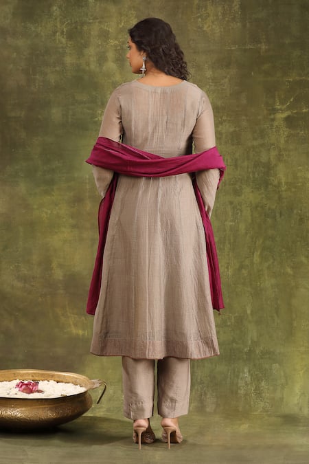 Shop Trendy Tokari Gray Silk, Chanderi Brooches Split V-neck Brocade Patch Anarkali Set at Aza Fashions Shop_Trendy Tokari_Gray Silk, Chanderi Brooches Split V-neck Brocade Patch Anarkali Set _at_Aza_Fashions