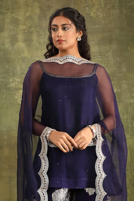 Trendy Tokari_Blue Silk, Organza, Chanderi Embroidery, Sequins Scoop Abstract Hand Kurta Set _Online_at_Aza_Fashions