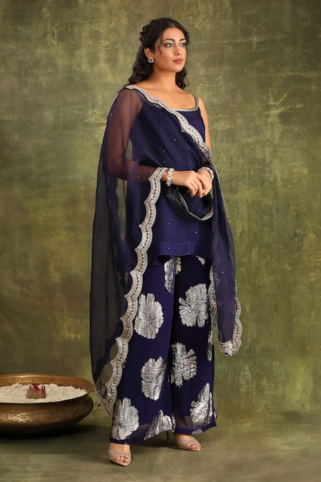 Shop_Trendy Tokari_Blue Silk, Organza, Chanderi Embroidery, Sequins Scoop Abstract Hand Kurta Set _Online_at_Aza_Fashions