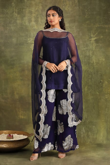 Trendy Tokari_Blue Silk, Organza, Chanderi Embroidery, Sequins Scoop Abstract Hand Kurta Set _at_Aza_Fashions