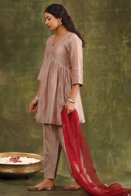 Shop Trendy Tokari Pink Silk, Chanderi Embroidery, Lace V-neck Kiran A-line Short Kurta Set at Aza Fashions Shop_Trendy Tokari_Pink Silk, Chanderi Embroidery, Lace V-neck Kiran A-line Short Kurta Set _at_Aza_Fashions
