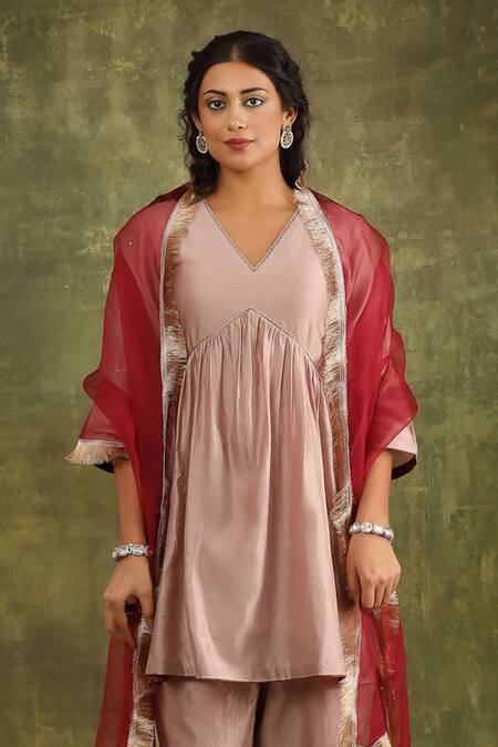 Buy Trendy Tokari Pink Silk, Chanderi Embroidery, Lace V-neck Kiran A-line Short Kurta Set Online at Aza Fashions Buy_Trendy Tokari_Pink Silk, Chanderi Embroidery, Lace V-neck Kiran A-line Short Kurta Set _Online_at_Aza_Fashions