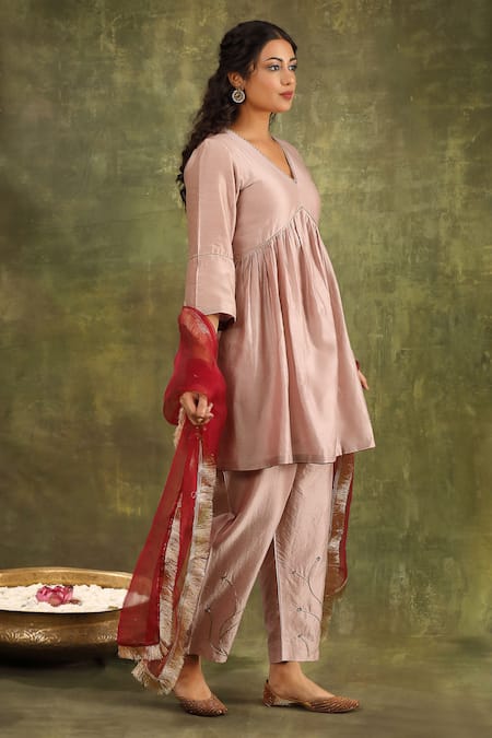 Shop Trendy Tokari Pink Silk, Chanderi Embroidery, Lace V-neck Kiran A-line Short Kurta Set Online at Aza Fashions Shop_Trendy Tokari_Pink Silk, Chanderi Embroidery, Lace V-neck Kiran A-line Short Kurta Set _Online_at_Aza_Fashions
