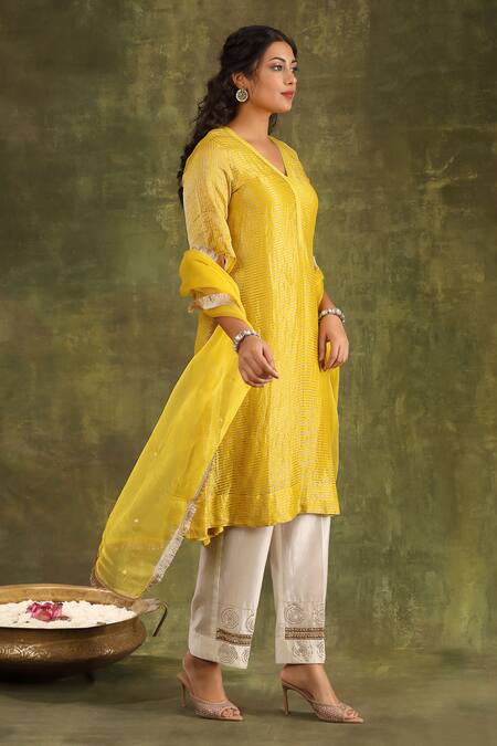 Trendy Tokari Ivory Silk, Organza Embroidery, Lace V-neck Stripe Pattern A-line Kurta Set Online at Aza Fashions Trendy Tokari_Ivory Silk, Organza Embroidery, Lace V-neck Stripe Pattern A-line Kurta Set _Online_at_Aza_Fashions