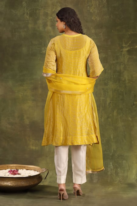 Shop Trendy Tokari Ivory Silk, Organza Embroidery, Lace V-neck Stripe Pattern A-line Kurta Set at Aza Fashions Shop_Trendy Tokari_Ivory Silk, Organza Embroidery, Lace V-neck Stripe Pattern A-line Kurta Set _at_Aza_Fashions