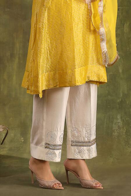 Shop Trendy Tokari Ivory Silk, Organza Embroidery, Lace V-neck Stripe Pattern A-line Kurta Set Online at Aza Fashions Shop_Trendy Tokari_Ivory Silk, Organza Embroidery, Lace V-neck Stripe Pattern A-line Kurta Set _Online_at_Aza_Fashions