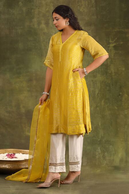 Trendy Tokari Ivory Silk, Organza Embroidery, Lace V-neck Stripe Pattern A-line Kurta Set at Aza Fashions Trendy Tokari_Ivory Silk, Organza Embroidery, Lace V-neck Stripe Pattern A-line Kurta Set _at_Aza_Fashions
