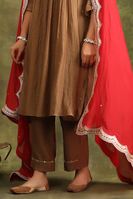Trendy Tokari Brown Silk, Organza Embroidery V-neck Hand Pleat A-line Kurta Set Online at Aza Fashions Trendy Tokari_Brown Silk, Organza Embroidery V-neck Hand Pleat A-line Kurta Set _Online_at_Aza_Fashions