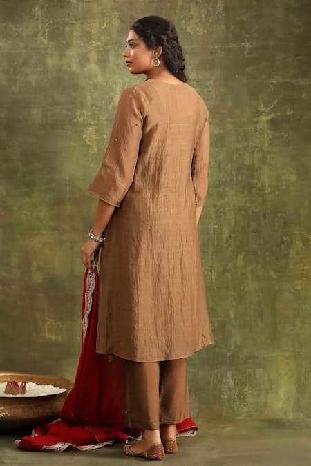 Shop Trendy Tokari Brown Silk, Organza Embroidery V-neck Hand Pleat A-line Kurta Set at Aza Fashions Shop_Trendy Tokari_Brown Silk, Organza Embroidery V-neck Hand Pleat A-line Kurta Set _at_Aza_Fashions