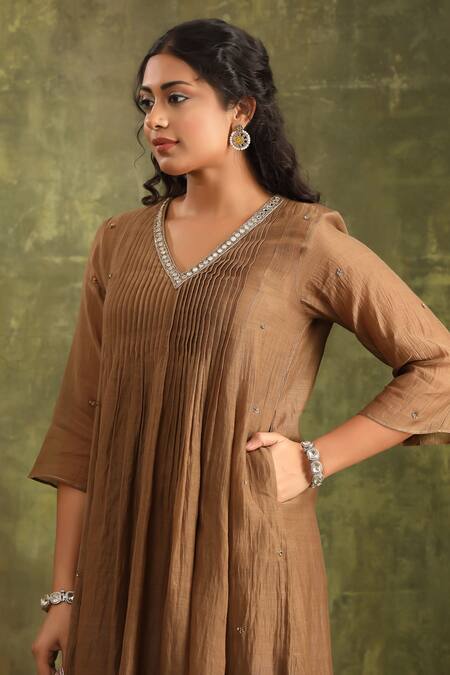 Buy Trendy Tokari Brown Silk, Organza Embroidery V-neck Hand Pleat A-line Kurta Set Online at Aza Fashions Buy_Trendy Tokari_Brown Silk, Organza Embroidery V-neck Hand Pleat A-line Kurta Set _Online_at_Aza_Fashions