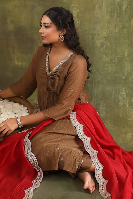 Shop Trendy Tokari Brown Silk, Organza Embroidery V-neck Hand Pleat A-line Kurta Set Online at Aza Fashions Shop_Trendy Tokari_Brown Silk, Organza Embroidery V-neck Hand Pleat A-line Kurta Set _Online_at_Aza_Fashions