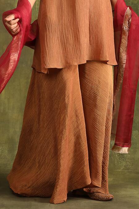 Trendy Tokari_Brown Silk, Jacquard, Organza Embroidery, Mirrors V-neck Rust Kurta Sharara Set _Online_at_Aza_Fashions