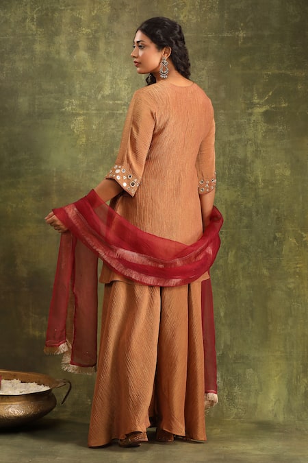 Trendy Tokari Mirror Embroidered Rust Brown Kurta Sharara Set 