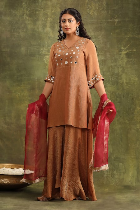 Trendy tokari Mirror Embroidered Front A-Line Kurta Sharara Set 