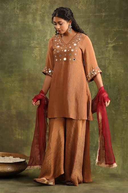 Buy_Trendy Tokari_Brown Silk, Jacquard, Organza Embroidery, Mirrors V-neck Rust Kurta Sharara Set _Online_at_Aza_Fashions