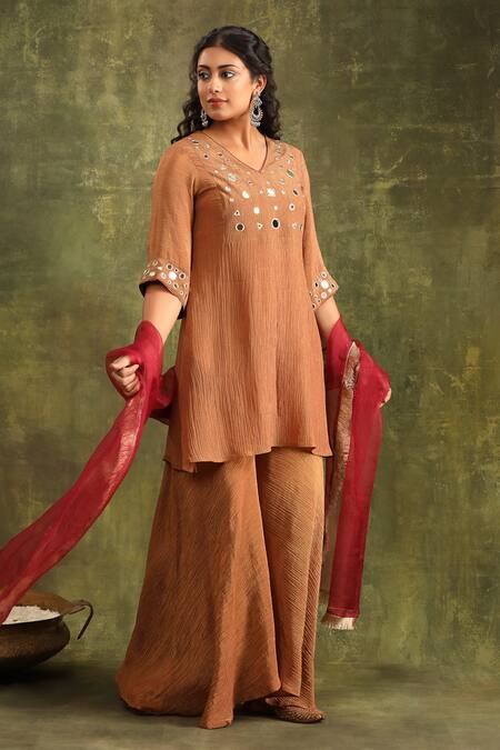 Shop_Trendy Tokari_Brown Silk, Jacquard, Organza Embroidery, Mirrors V-neck Rust Kurta Sharara Set _Online_at_Aza_Fashions