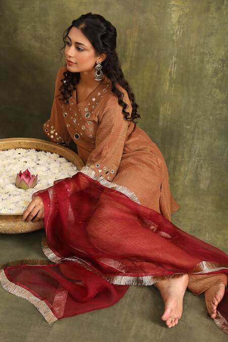 Trendy Tokari_Brown Silk, Jacquard, Organza Embroidery, Mirrors V-neck Rust Kurta Sharara Set _at_Aza_Fashions