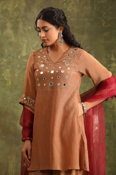 Buy_Trendy Tokari_Brown Silk, Jacquard, Organza Embroidery, Mirrors V-neck Rust Kurta Sharara Set 