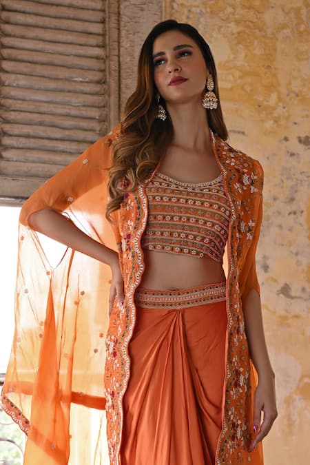 Usha Bagri Ditsy Embroidered Cape & Draped Skirt Set 