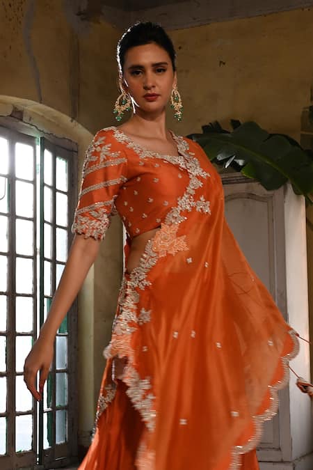 Usha Bagri Saffron Orange Ditsy Embroidered Lehengas Set 