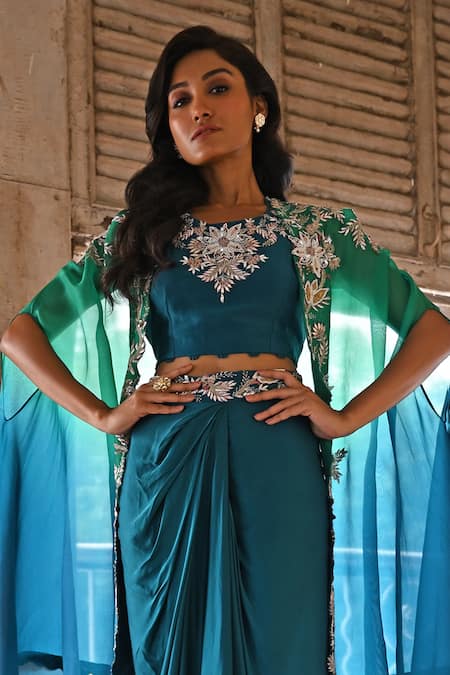 Usha Bagri Ombre Cape & Draped Skirt Set 