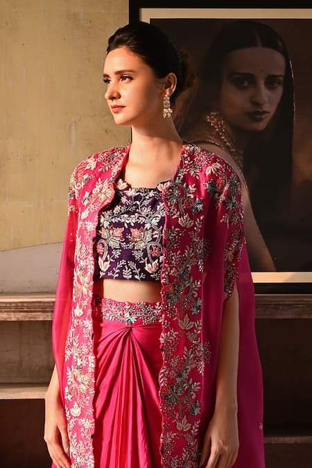 Usha Bagri Gulmohar Embroidered Cape & Draped Skirt Set 