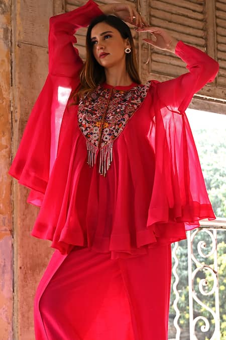 Usha Bagri Floral Embroidered Umbrella Top & Dhoti Pant 