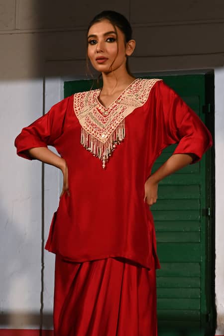 Usha Bagri Tribal Embroidered Kurta Set With Draped Skirt 