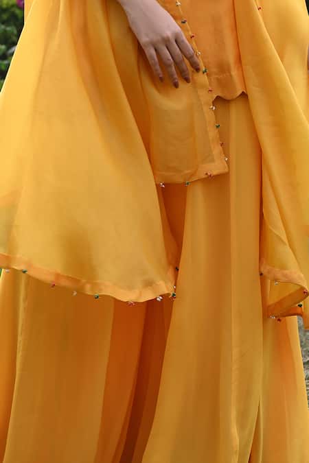 Usha Bagri Orange Organza, Chanderi, Georgette Gardenia Embroidered Cape And Sharara Set Online at Aza Fashions Usha Bagri_Orange Organza, Chanderi, Georgette Gardenia Embroidered Cape And Sharara Set _Online_at_Aza_Fashions