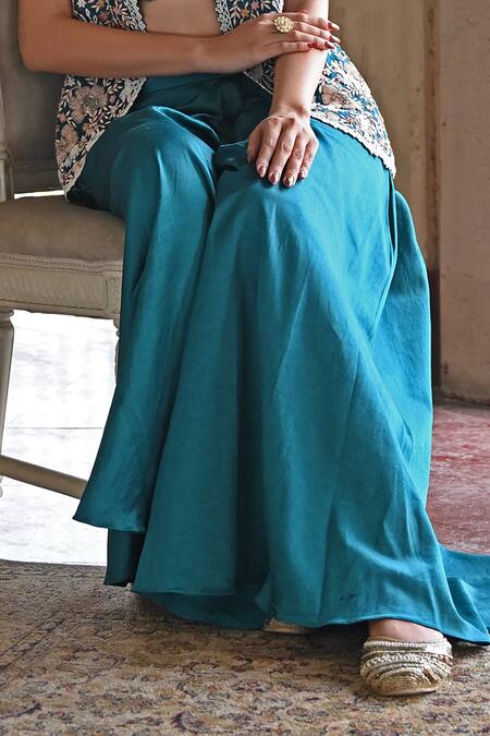 Usha Bagri_Blue Organza, Chanderi, Satin Embroidery Gullista Crop Top And Palazzo Set _Online_at_Aza_Fashions