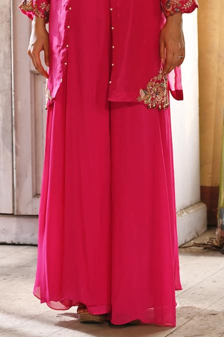 Usha Bagri Pink Organza, Chanderi, Georgette Embroidery Persian Bloom Jacket And Sharara Set Online at Aza Fashions Usha Bagri_Pink Organza, Chanderi, Georgette Embroidery Persian Bloom Jacket And Sharara Set _Online_at_Aza_Fashions