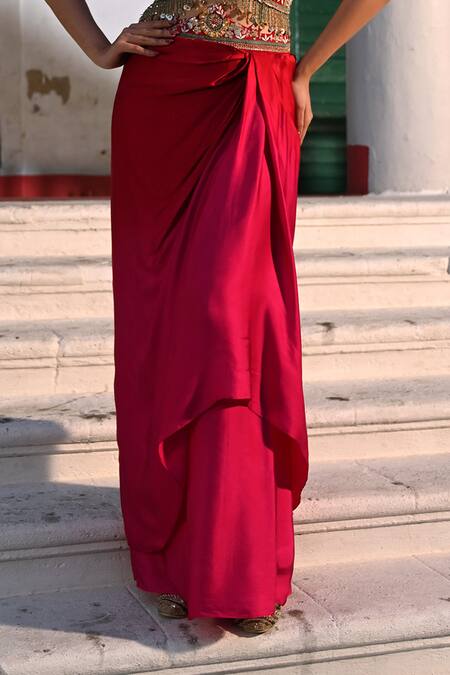 Usha Bagri_Pink Satin Beads V-neck Gulshan Embroidered Jacket And Draped Skirt_Online_at_Aza_Fashions