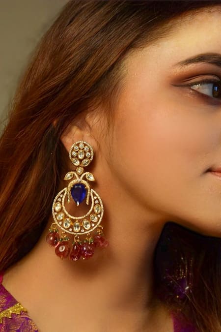 Shop Amaara Jewels Blue Smocking Sapphire Polki Chandbalis at Aza Fashions Shop_Amaara Jewels_Blue Smocking Sapphire Polki Chandbalis _at_Aza_Fashions