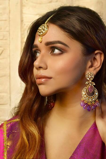 Shop Amaara Jewels Purple Polki Chandbalis at Aza Fashions Shop_Amaara Jewels_Purple Polki Chandbalis _at_Aza_Fashions