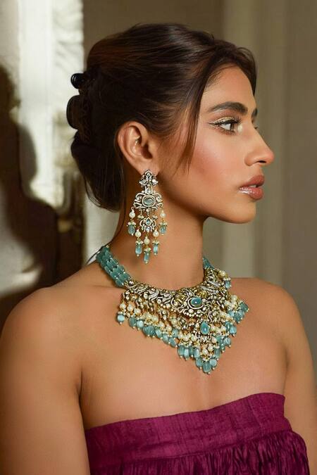 Buy Amaara Jewels Green Zari Mint Polki Necklace Set Online at Aza Fashions Buy_Amaara Jewels_Green Zari Mint Polki Necklace Set _Online_at_Aza_Fashions