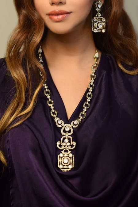 Amaara Jewels White Pearls, Stones Gold Moissanite Necklace And Earring Set Online at Aza Fashions Amaara Jewels_White Pearls, Stones Gold Moissanite Necklace And Earring Set _Online_at_Aza_Fashions