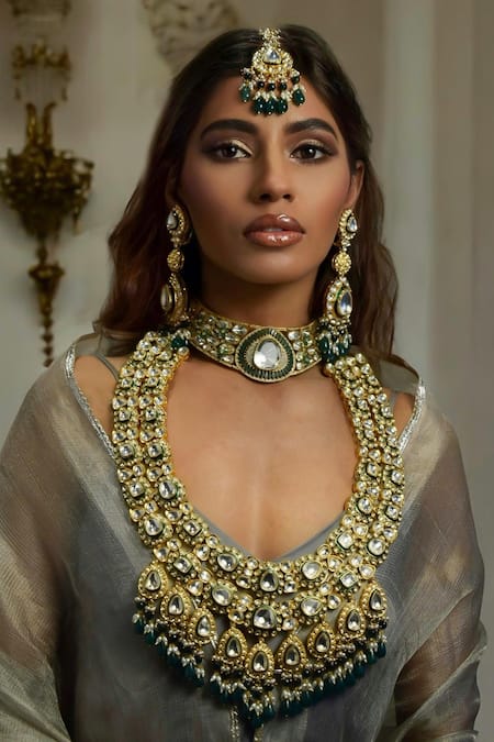 Buy Amaara Jewels Green Pearls, Embroidery, Diamonds Bridal Necklace Set With Emerald And Online at Aza Fashions Buy_Amaara Jewels_Green Pearls, Embroidery, Diamonds Bridal Necklace Set With Emerald And _Online_at_Aza_Fashions